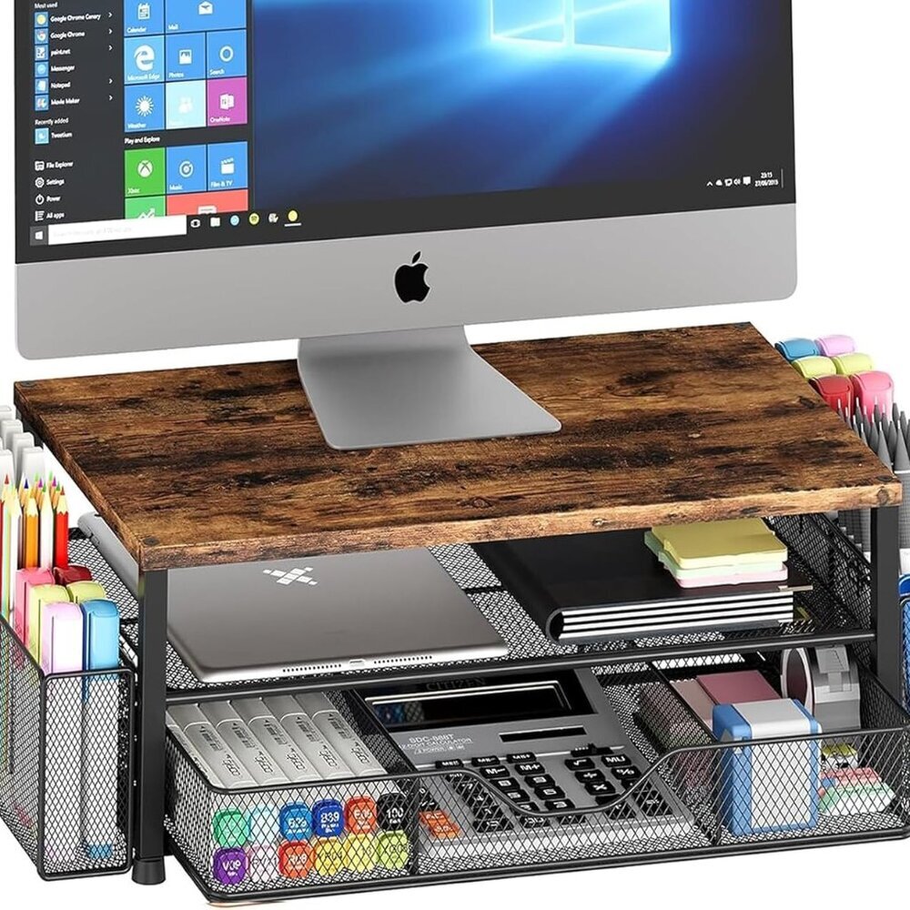 Elegant 2-Tier Monitor Stand with Drawer & 2 Pen Holders for Enhanced Workspace